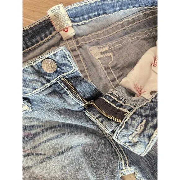 TRUE RELIGION 32 x 28 Jeans BECKY SUPER T USA Pre-Owned Light Wash Frayed Hem - Picture 8 of 13